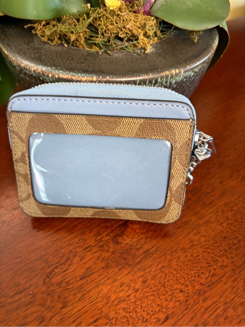 Coach Zip Card Case In Signature Canvas and Pale Blue Leather - Picture 2 of 8